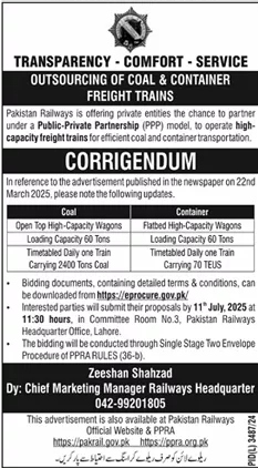 Pakistan Railways Lahore Tender Notice